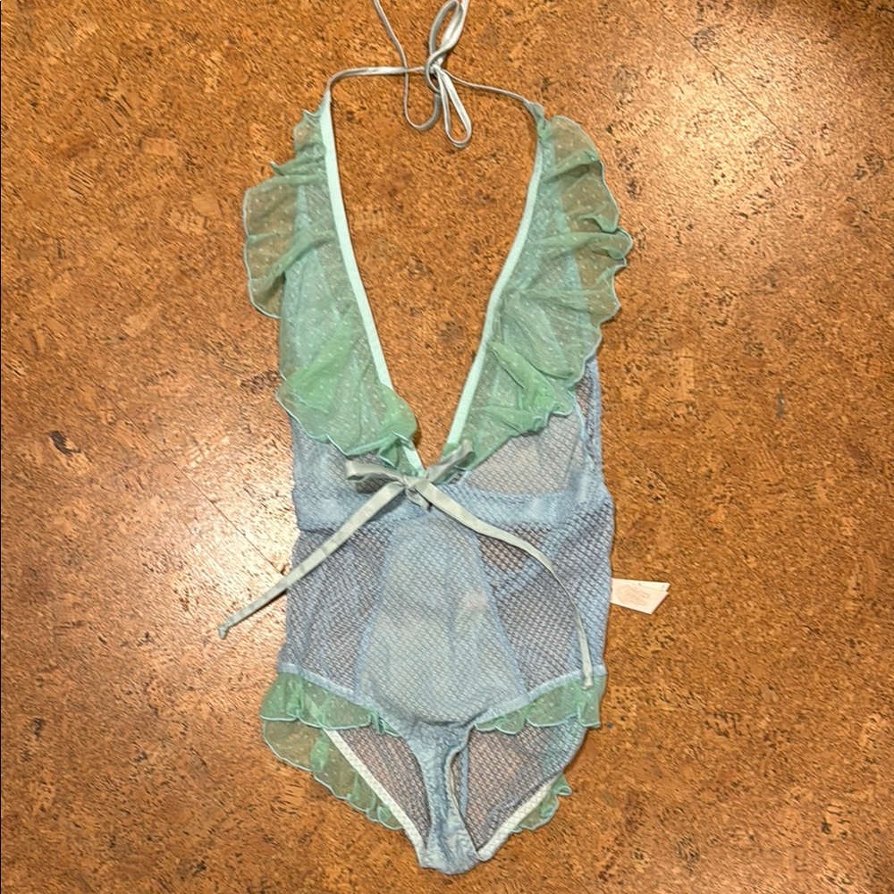 We are Ha Sheer Blue and Green Ruffle Bodysuit sz Small